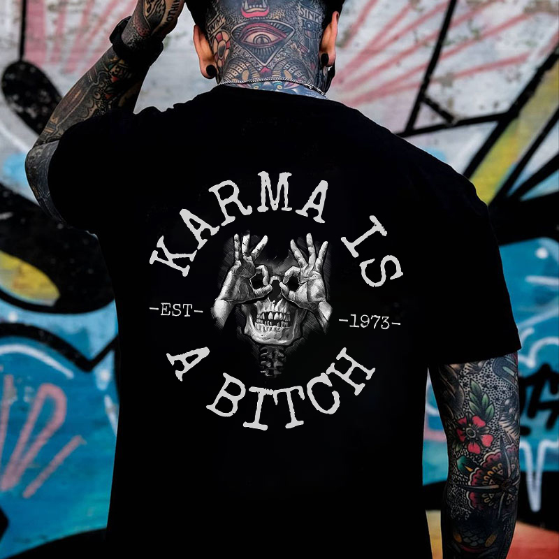 KARMA IS A BITCH Skull With OK Print Men's T-Shirt Image - 15
