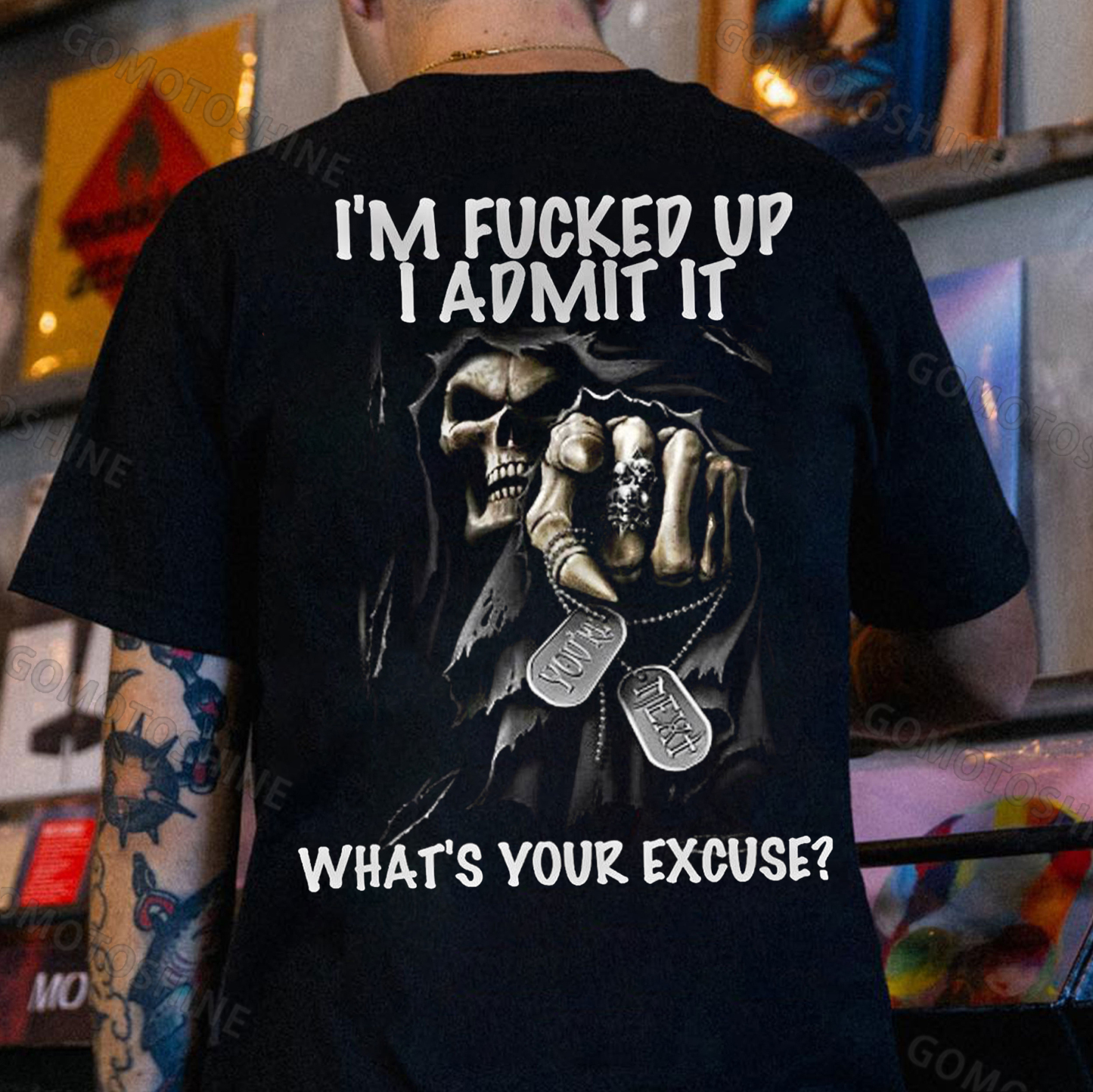 I'M FUCKED UP I ADMIT IT Defiant Skeleton Print Men's T-Shirt