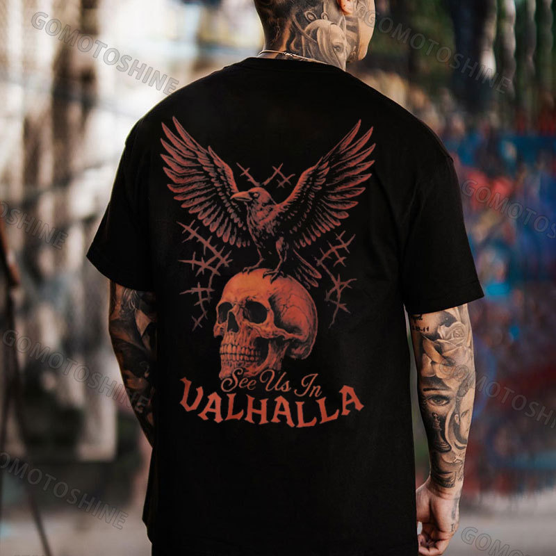 SEE US IN VALHALLA Crow And Skull Print Men's T-Shirt