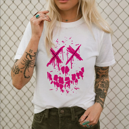 Fluorescent Pink Evil Emoji Print Women's T-shirt
