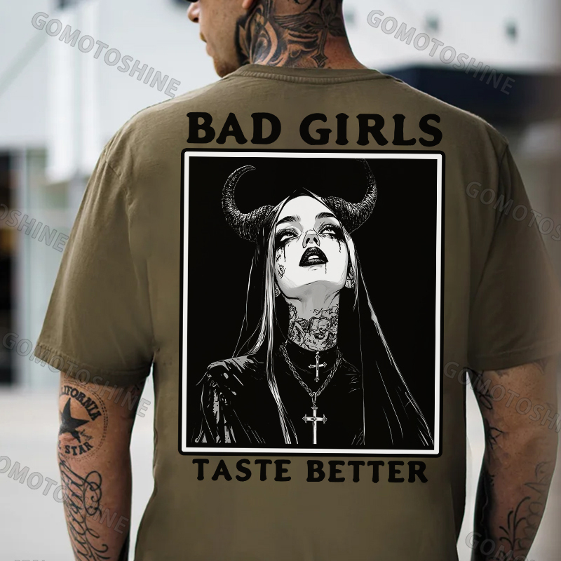 BAD GIRLS TASTE BETTER Tattooed Devil Nun Print Men's T-Shirt