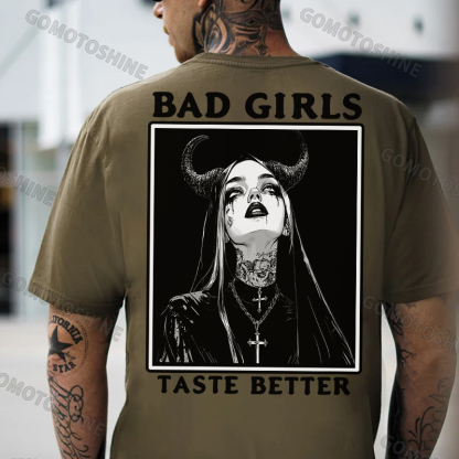 BAD GIRLS TASTE BETTER Tattooed Devil Nun Print Men's T-Shirt