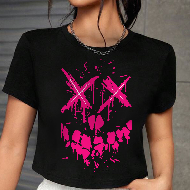 Fluorescent Pink Evil Emoji Graphic Women's Cropped T-shirt