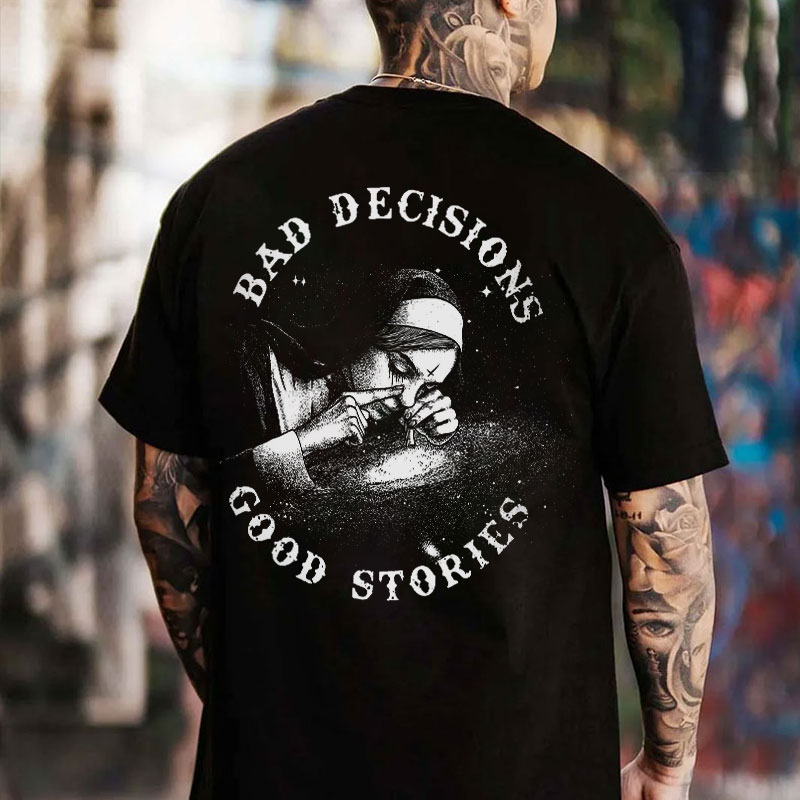BAD DECISIONS GOOD STORIES Nun Smoking Black Print T-Shirt Image - 20