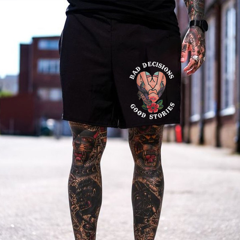 BAD DECISIONS GOOD STORIES GET A GRIP Sexy Lady With Flower Print Men's Shorts