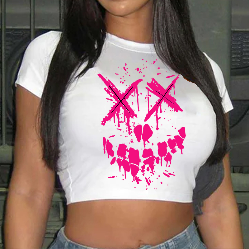 Fluorescent Pink Evil Emoji Graphic Women's Cropped T-shirt