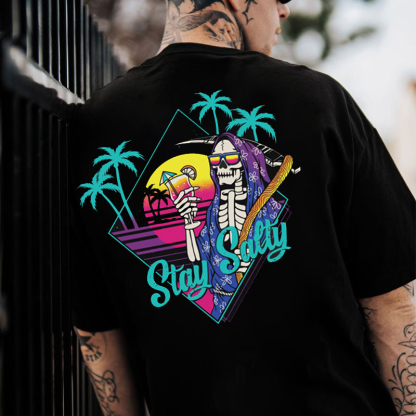 STAY SALTY Tropical Skeleton Black Print T-shirt