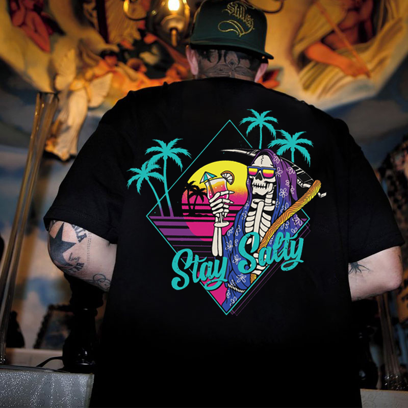 STAY SALTY Tropical Skeleton Black Print T-shirt