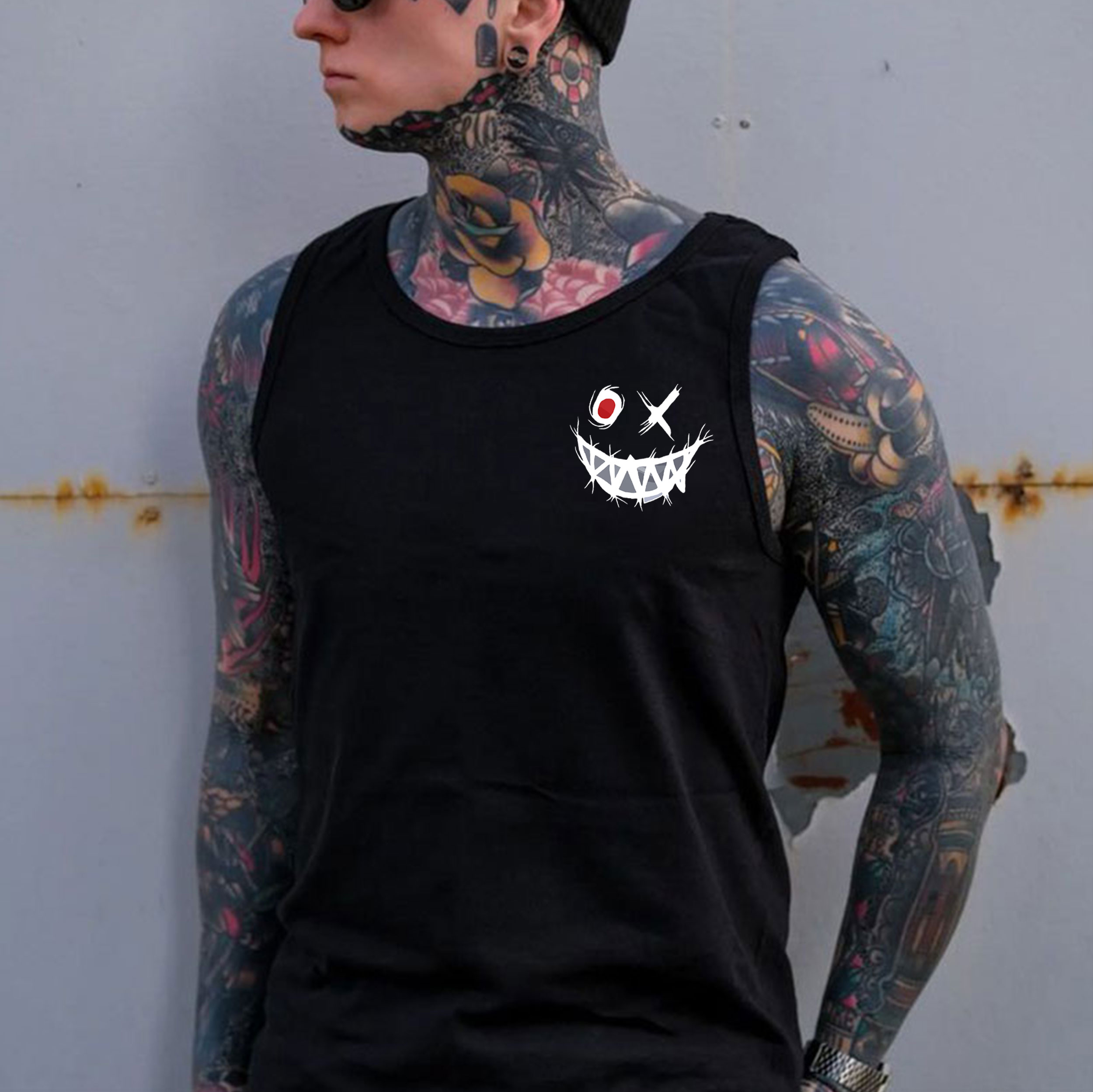 Evil Emoji Graphic Black and White Print Men's Vest