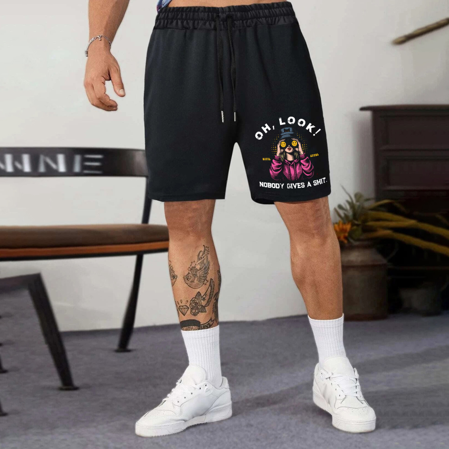 OH LOOK NOBODY GIVES A SHIT Blonde With Telescope Print Men's Shorts