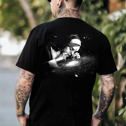 Nun Smoking Dark Style Black Print T-shirt