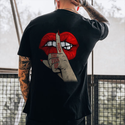 SHUT THE FUCK UP Red Lips Keep Silent Gesture Print T-shirt