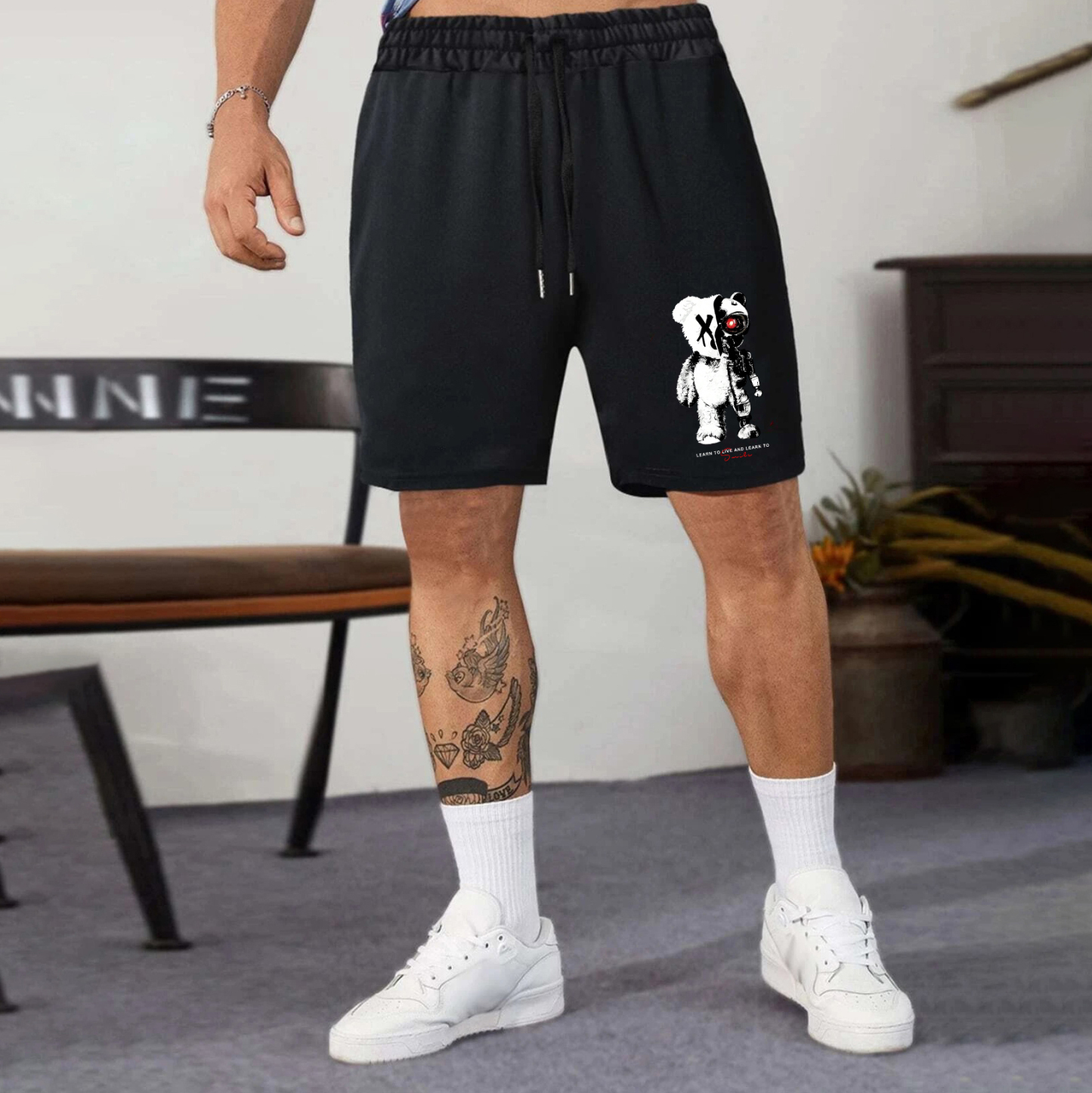 LEARN TO LIVE AND LEARN TO SMILE Deconstruction Bear Print Men's Shorts