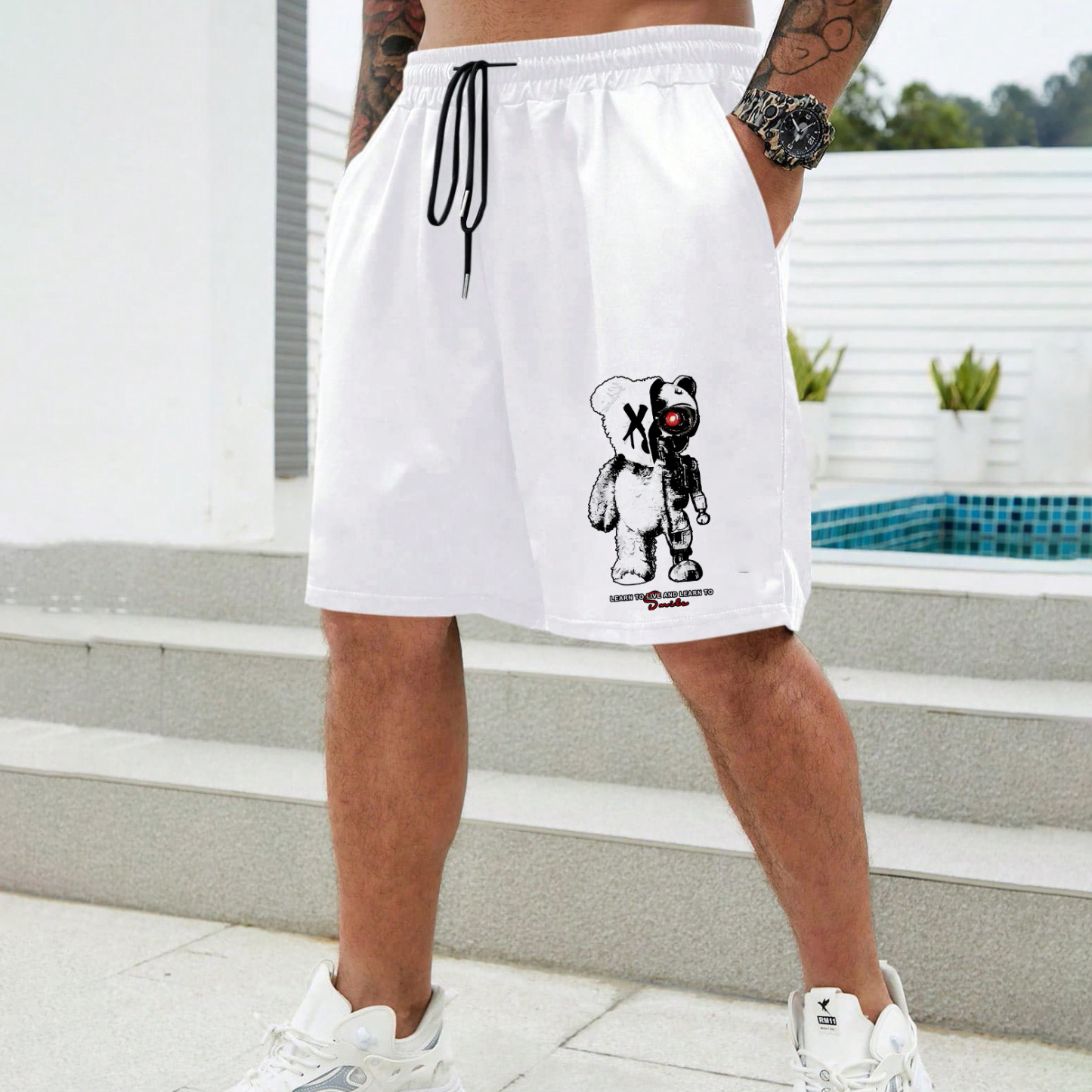 LEARN TO LIVE AND LEARN TO SMILE Deconstruction Bear Print Men's Shorts