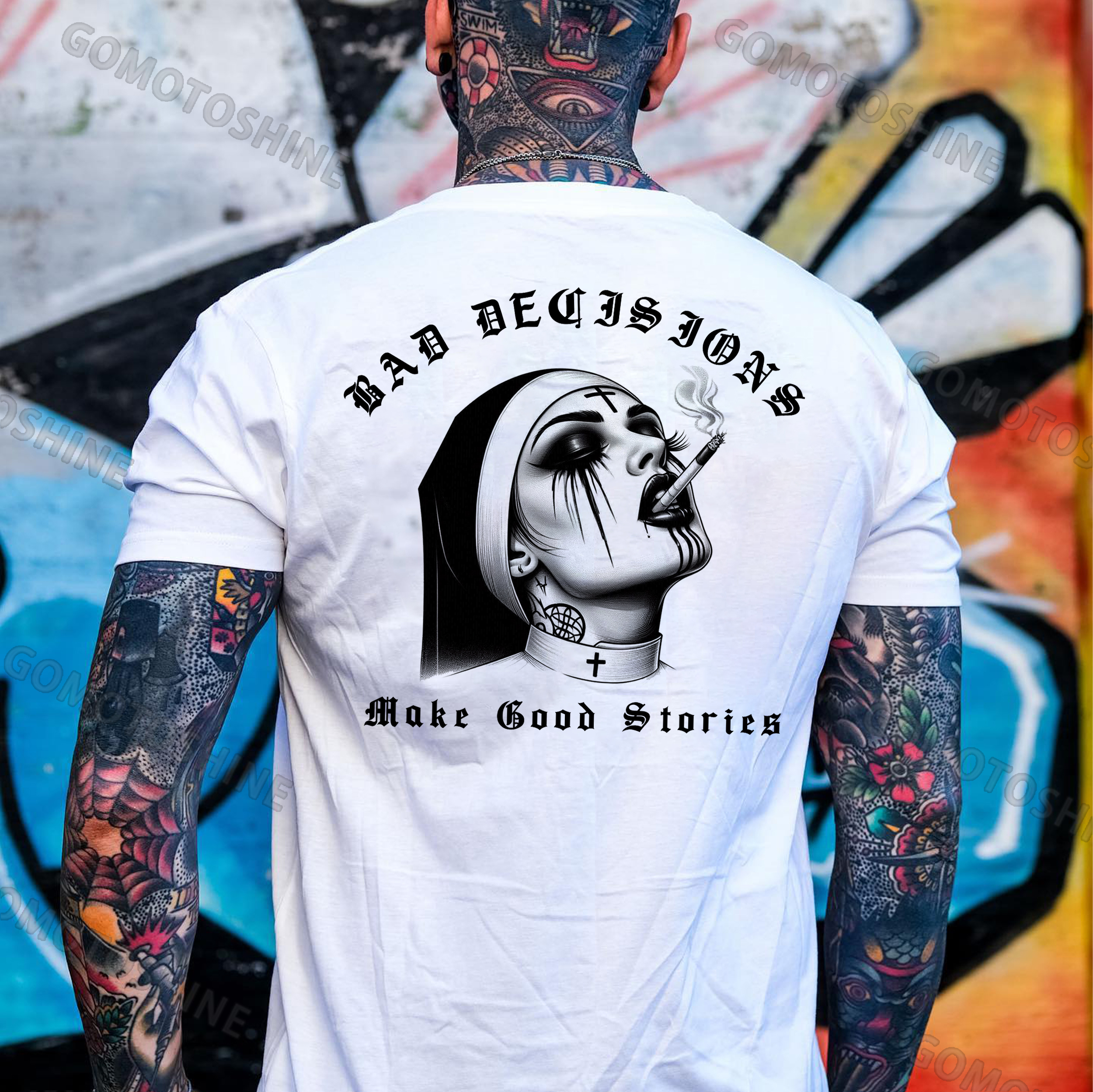 BAD DECISIONS MAKE GOOD STORIES Smoking Nun Print Men's T-Shirt