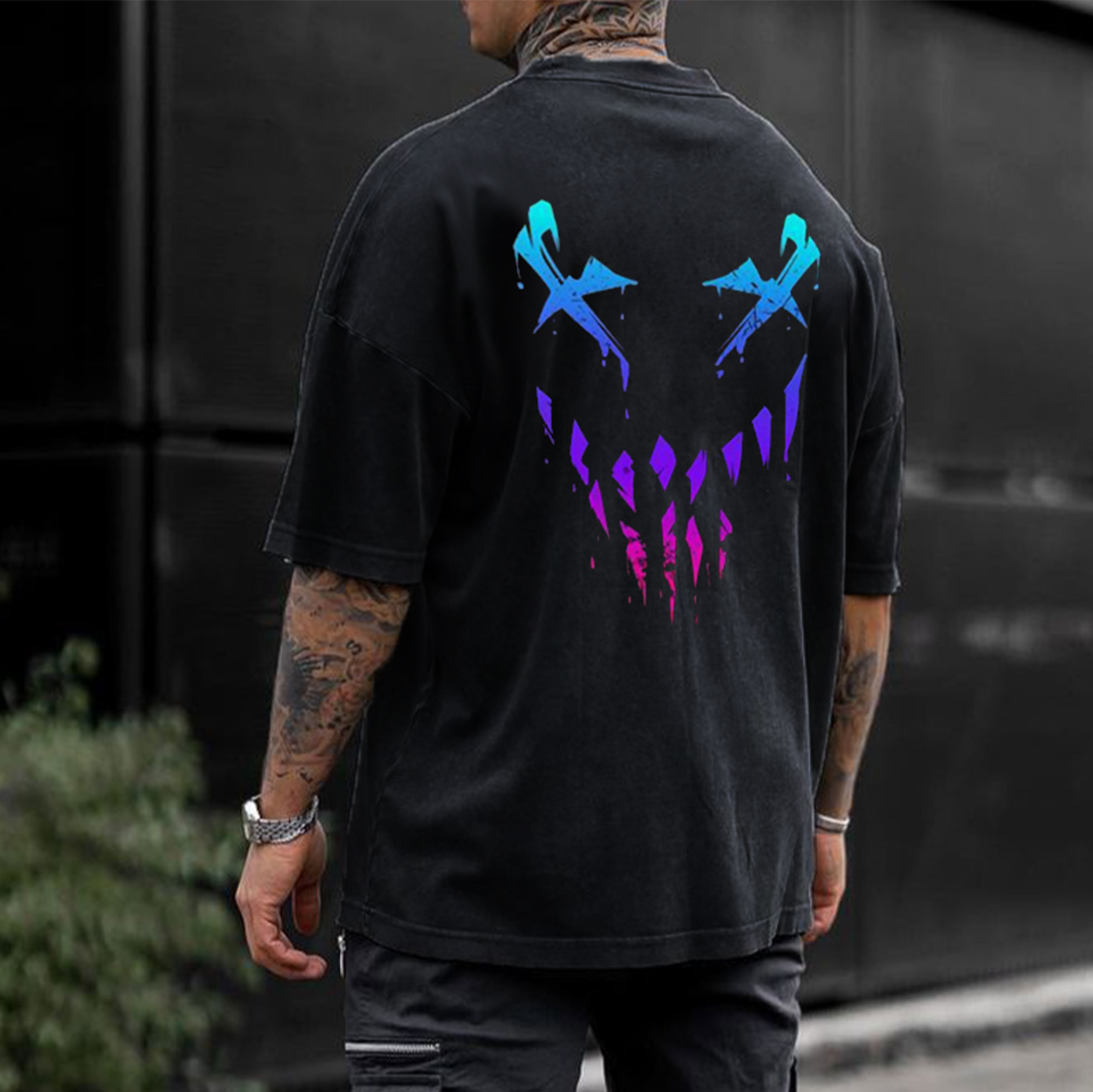 Fluorescent Evil Emoji Graphic Black Print T-shirt