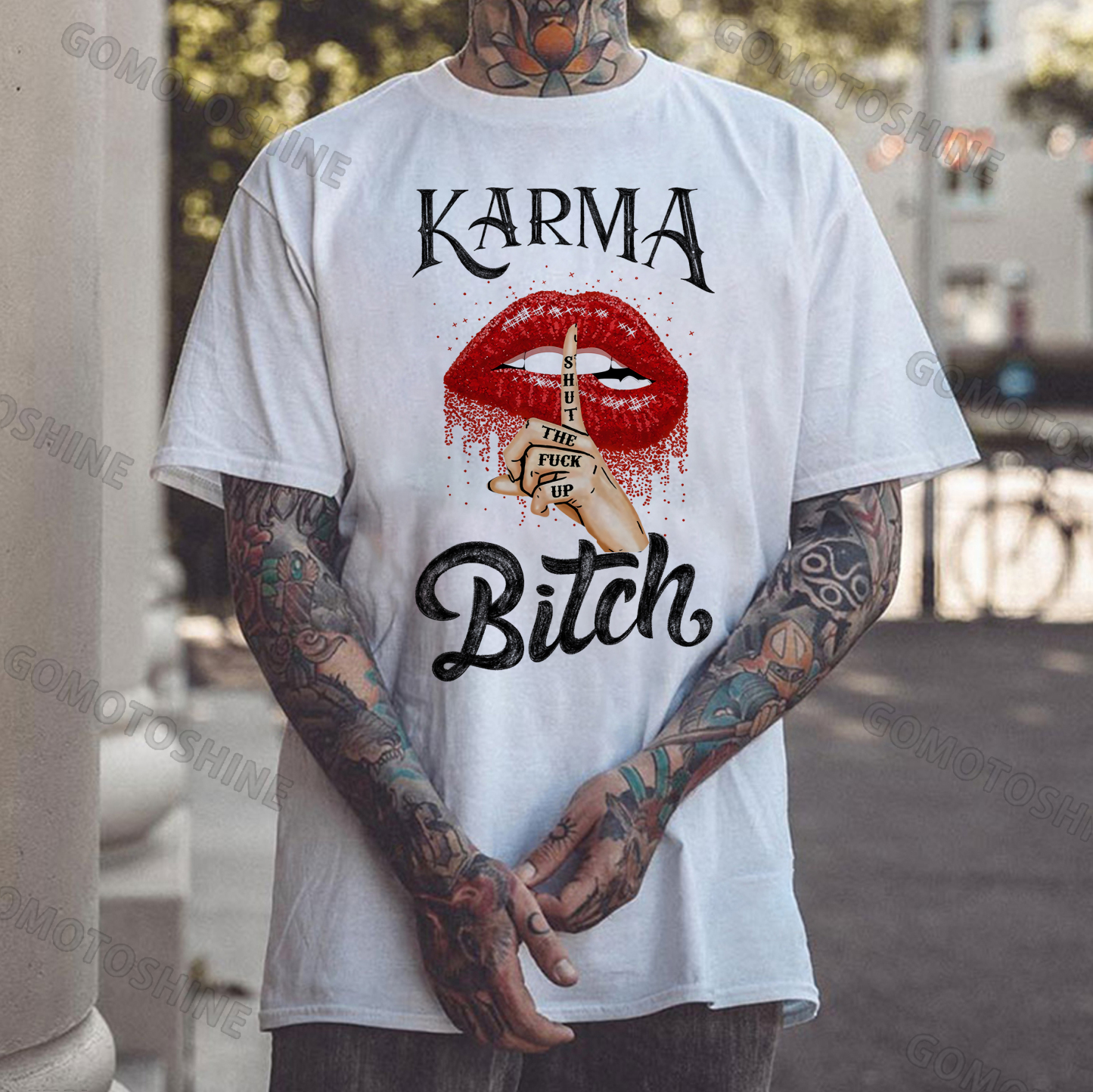 KARMA IS A BITCH Shut The Fuck Up Red Lips Print Men's T-Shirt