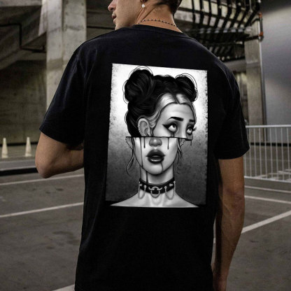 Goth Girl Slit Face Graphic Casual Black Print T-Shirt