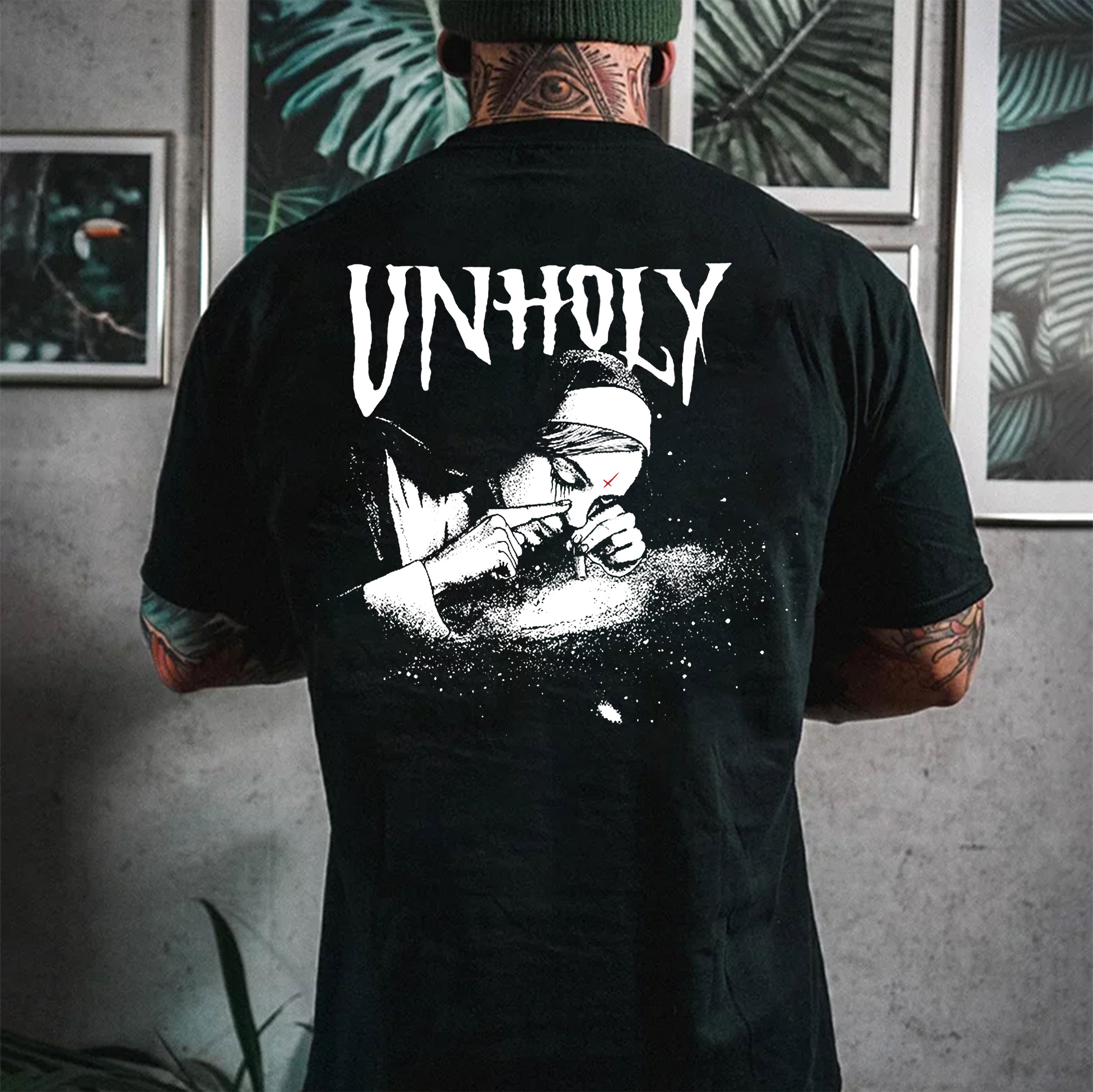 UNHOLY Nun Smoking Dark Style Black Print T-shirt