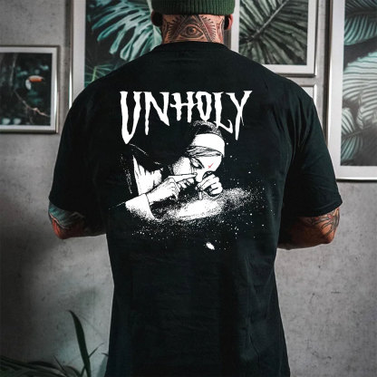 UNHOLY Nun Smoking Dark Style Black Print T-shirt