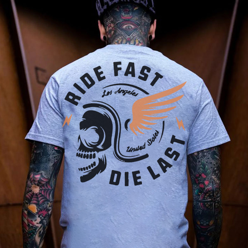 RIDE FAST DIE LAST Crazy Skull with a wings helmet Black Print T-shirt