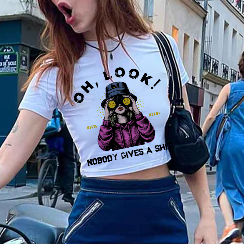 OH LOOK NOBODY GIVES A SHIT Blonde With Telescope Print Women's Cropped T-shirt