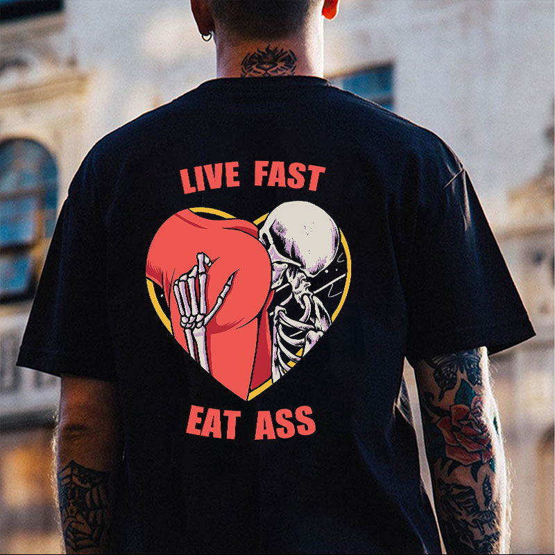 LIVE FAST EAT ASS Skull with Naked Lady Graphic Black Print T-shirt
