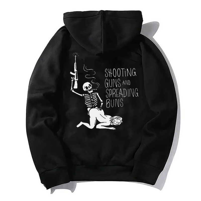 SHOOTING GUNS AND SPREADING BUNS Skull with Sexy Lady Black Print Hoodie