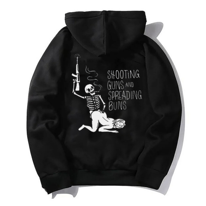 SHOOTING GUNS AND SPREADING BUNS Skull with Sexy Lady Black Print Hoodie