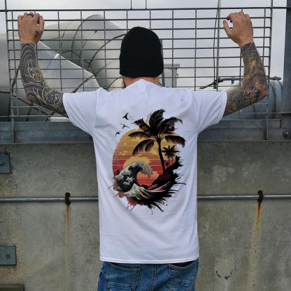 Seaside Sunset Tree and Flying Birds White Print T-Shirt