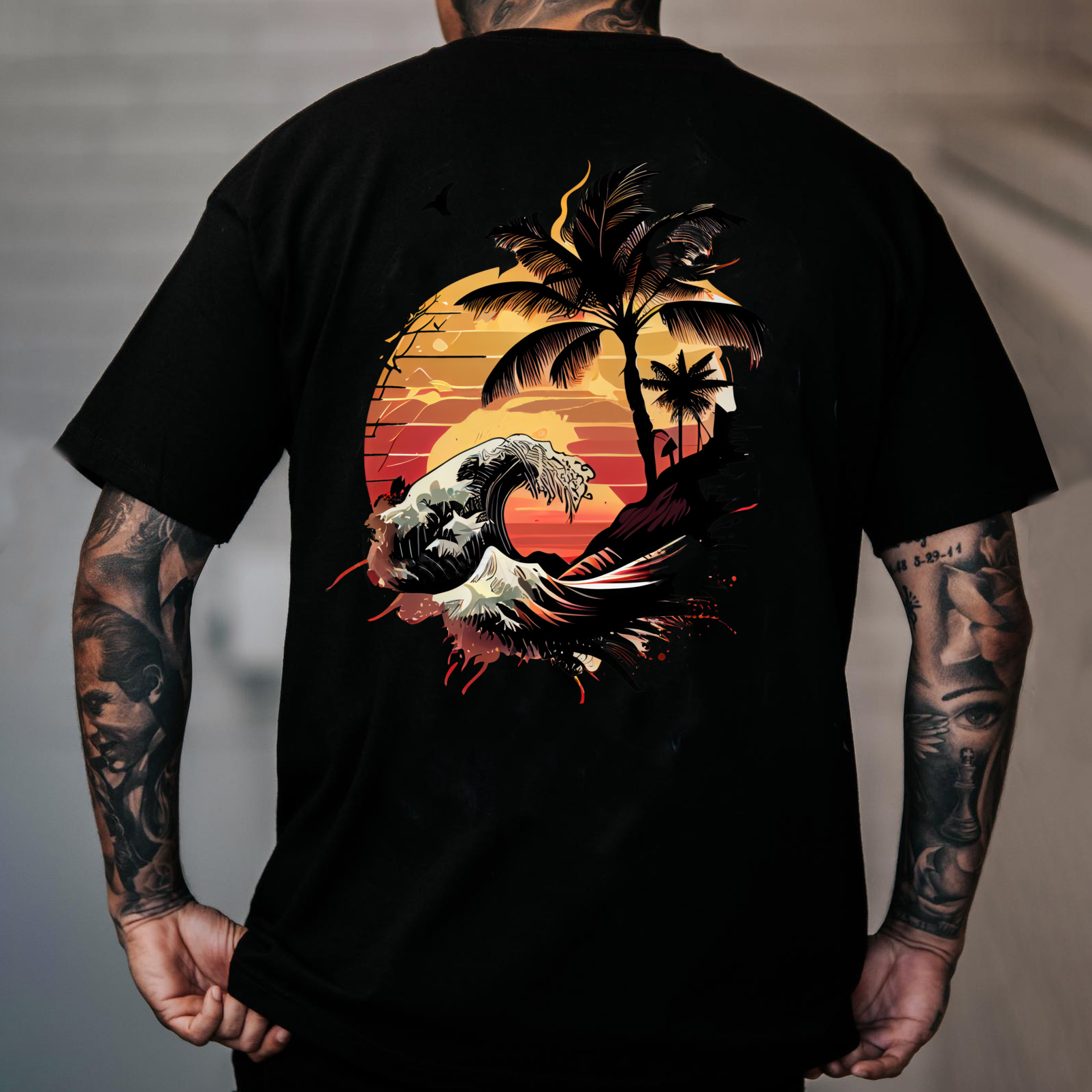 Seaside Sunset Tree and Flying Birds White Print T-Shirt