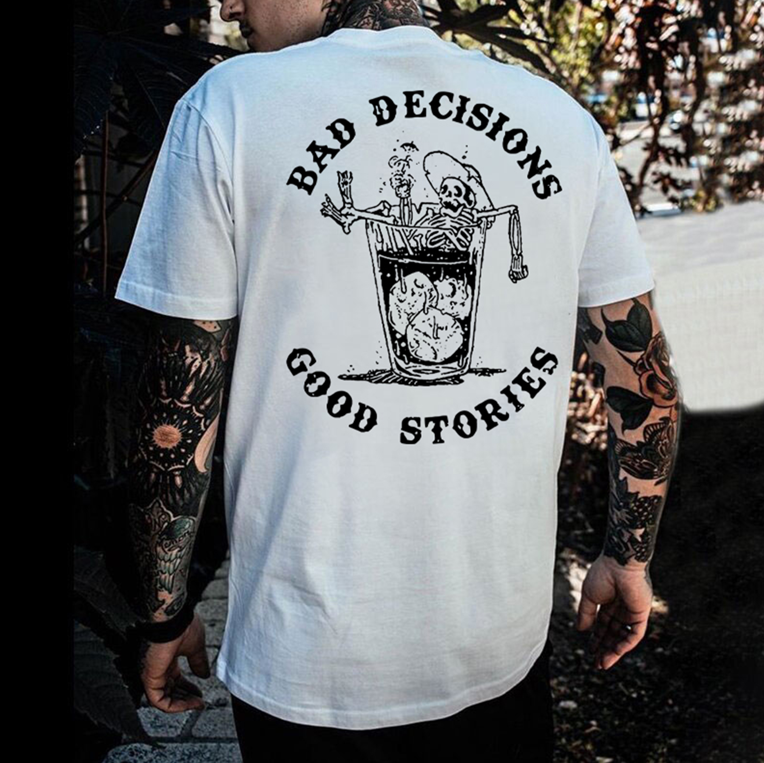 BAD DECISION GOOD STORIES Skeleton In Whiskey Print Men's T-shirt
