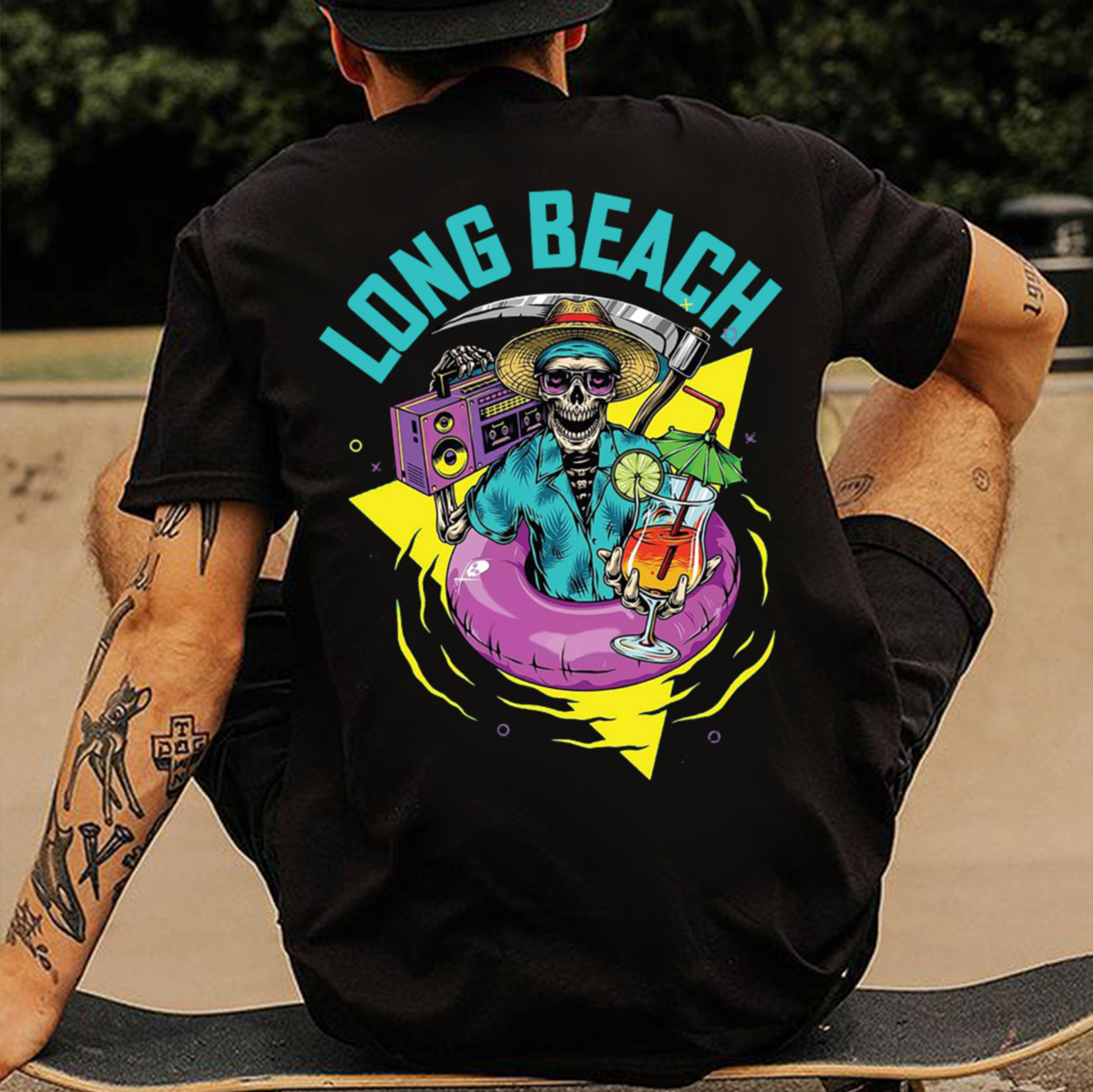LONG BEACH Skeleton Black Print T-shirt