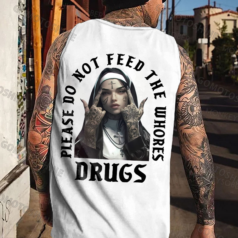 PLEASE DO NOT FEED THE WHORES DRUGS Defiant Nun Print Men's Vest