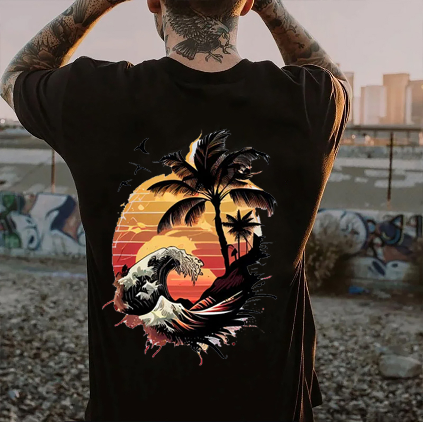 Seaside Sunset Tree and Flying Birds White Print T-Shirt