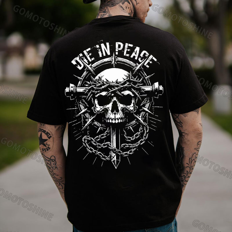 DIE IN PEACE Skull Crucifix Print Men's T-Shirt
