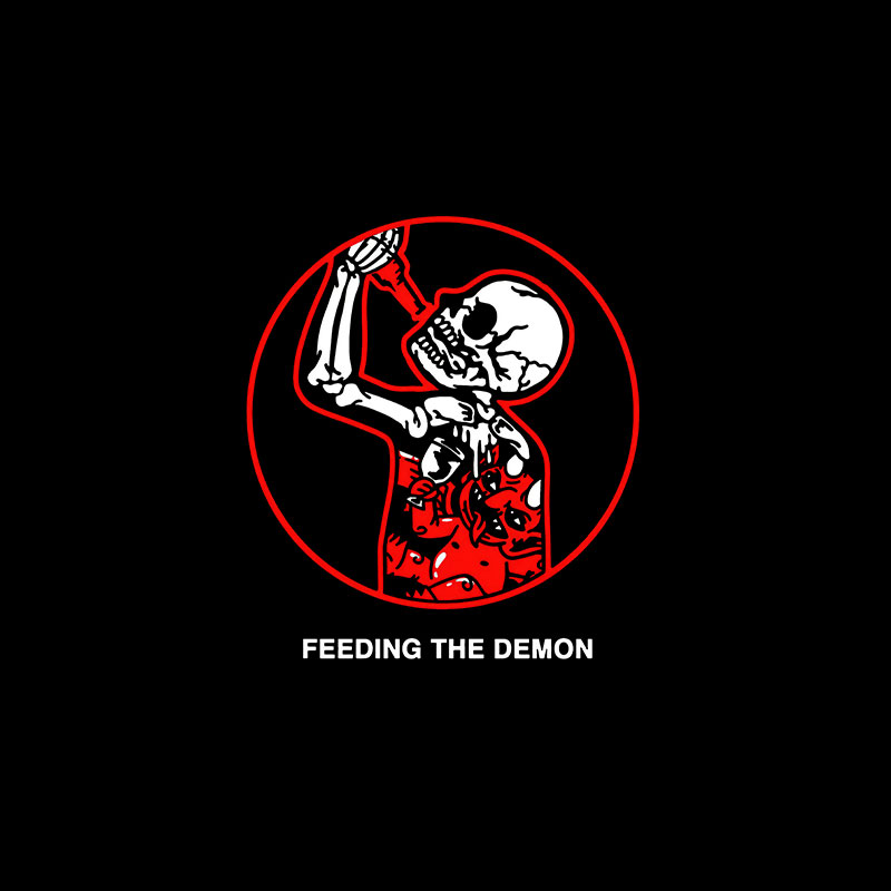 FEEDING THE DEMON Skull Drinking Black Print T-Shirt