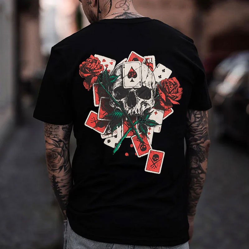 Poker Rose & Skull Print Men's T-Shirt