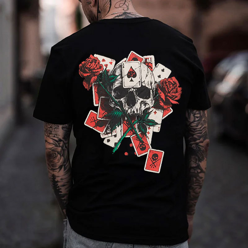 Poker Rose & Skull Print Men's T-Shirt