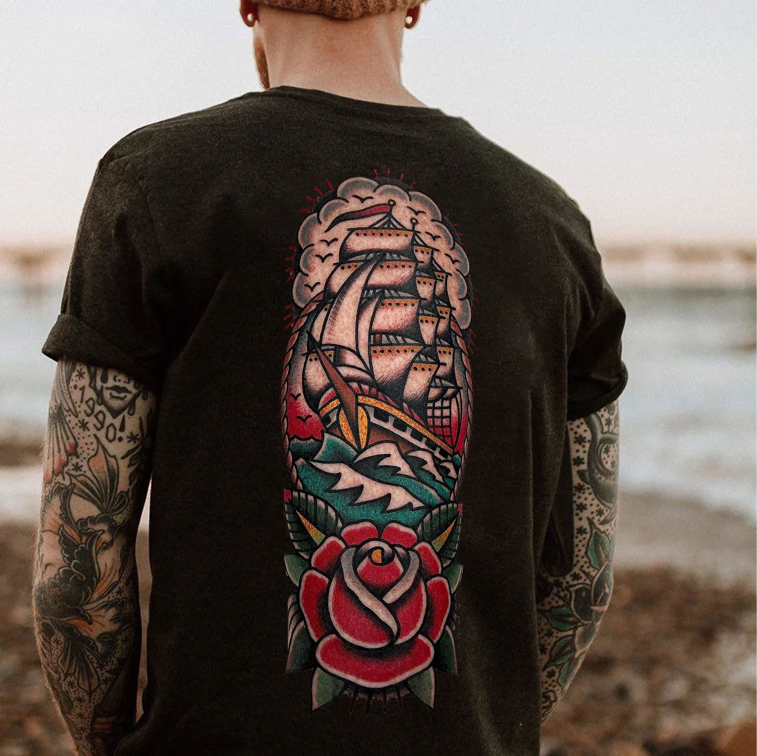 Sailing Boat with Rose Coastal Style Black Print T-Shirt