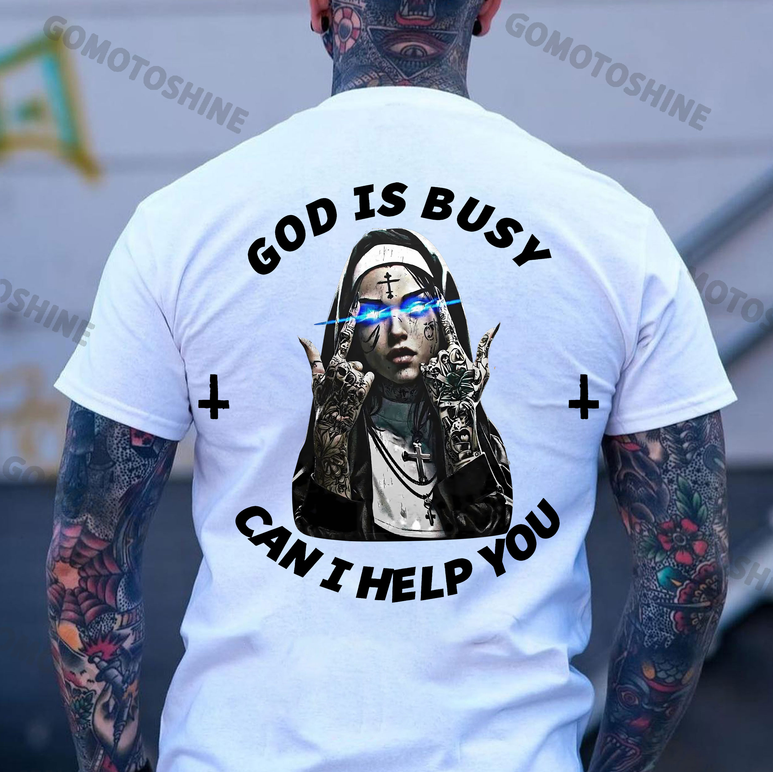 GOD IS BUSY CAN I HELP YOU Defiant Nun Print Men's T-Shirt