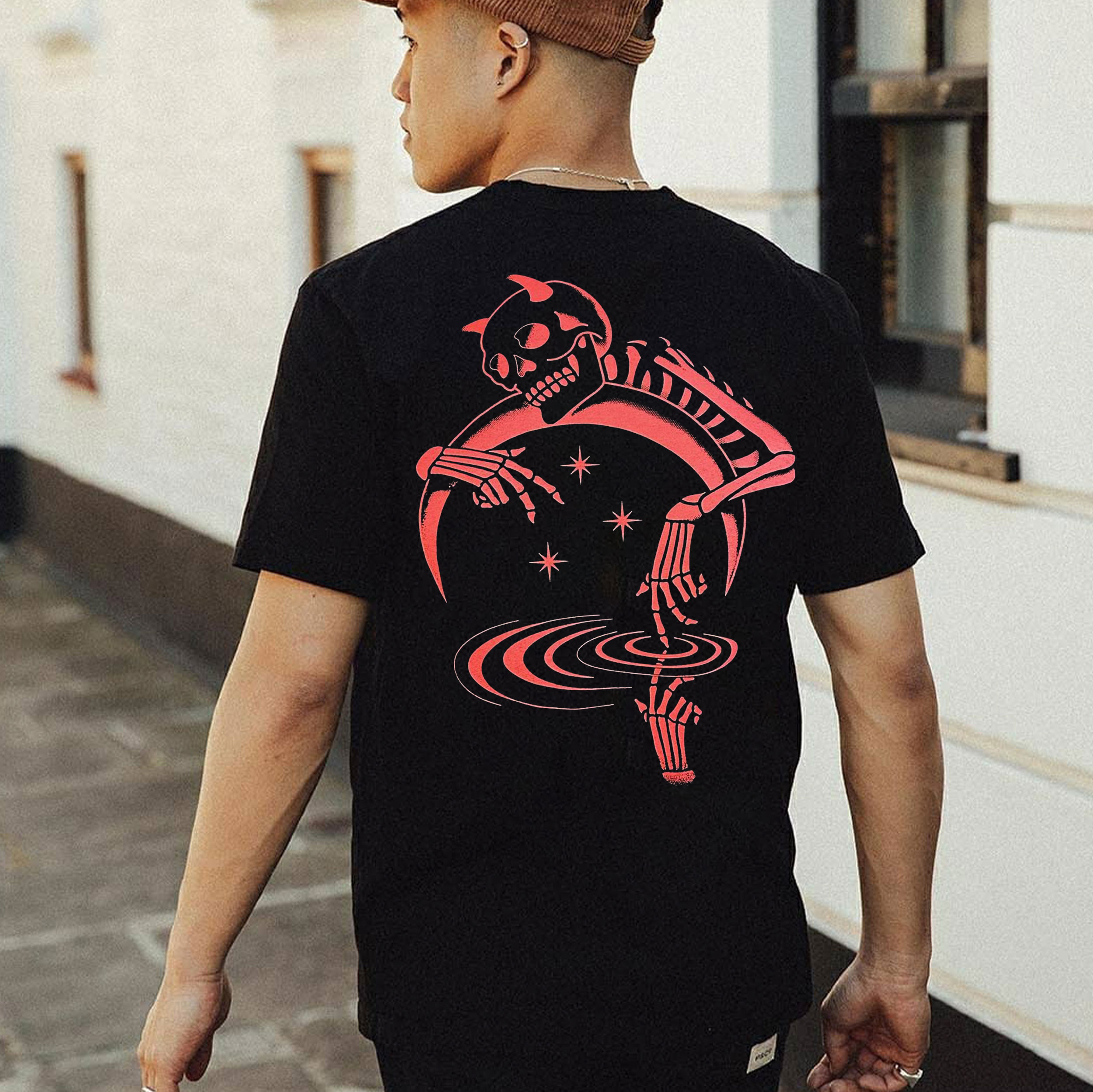 Devil Skull with Crescent Moon Black Print T-Shirt