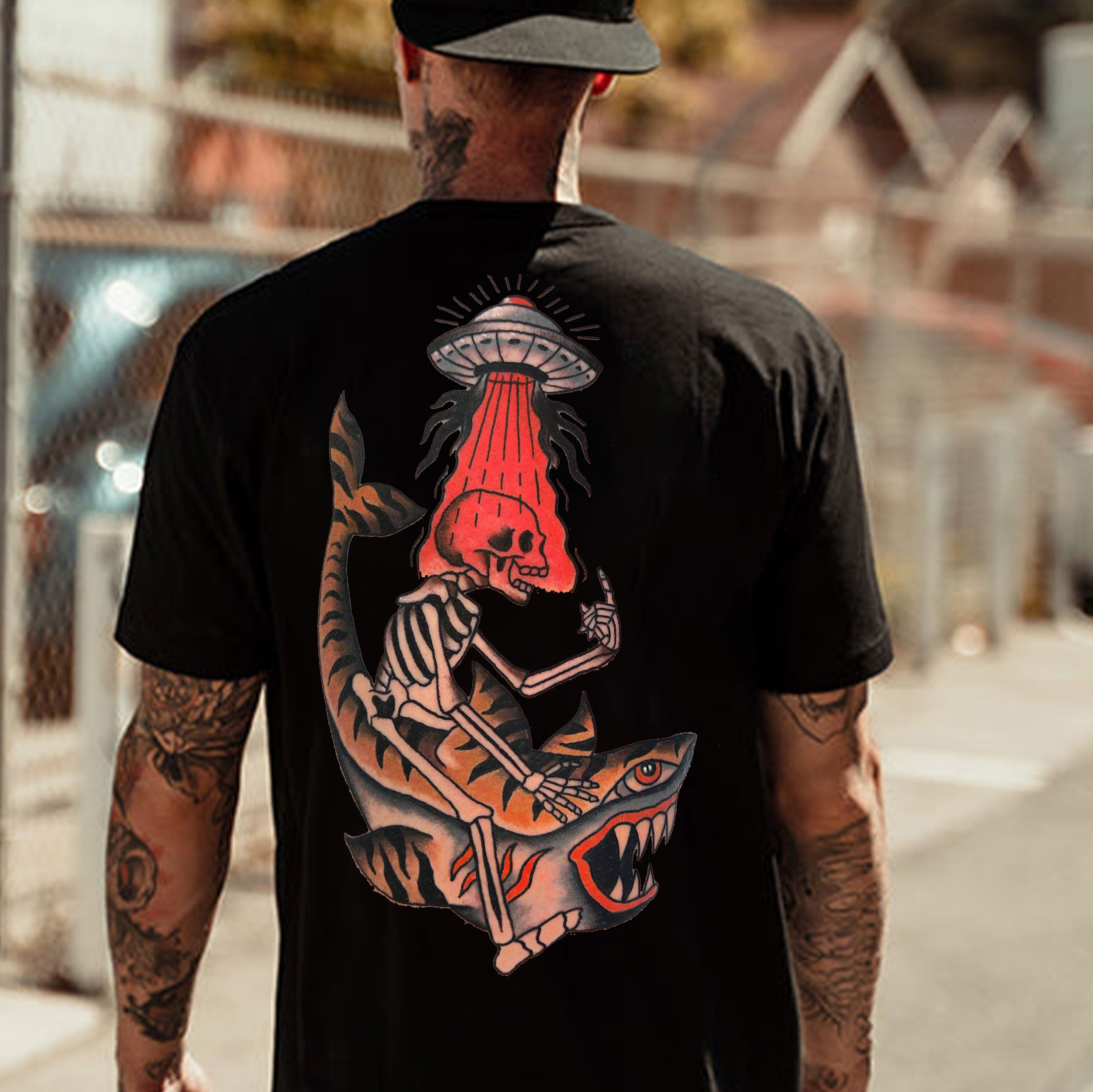 Skull Sitting on the Shark Black Print T-Shirt