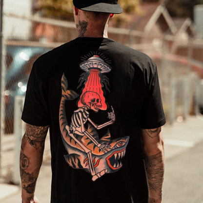 Skull Sitting on the Shark Black Print T-Shirt