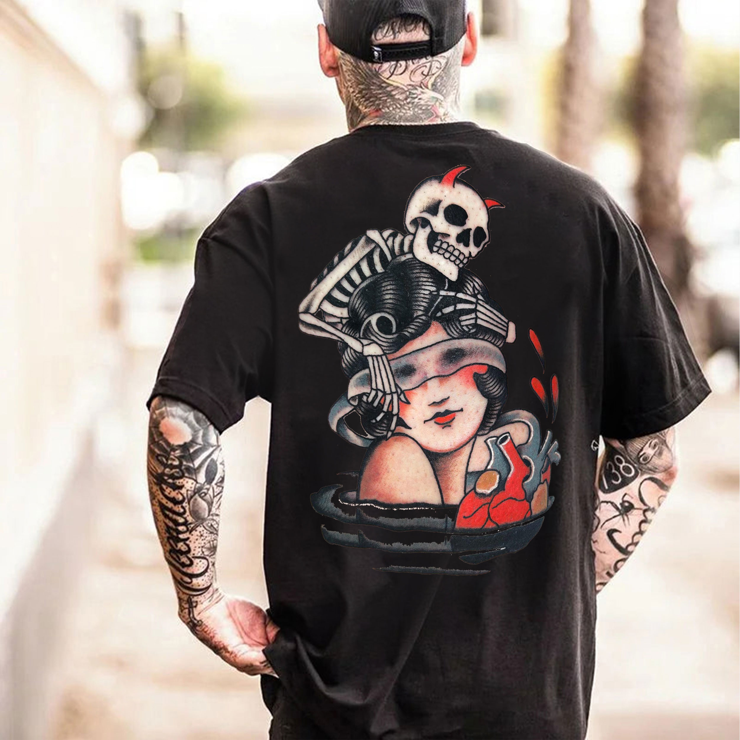 Skull with Blindfolded Lady Black Print T-Shirt