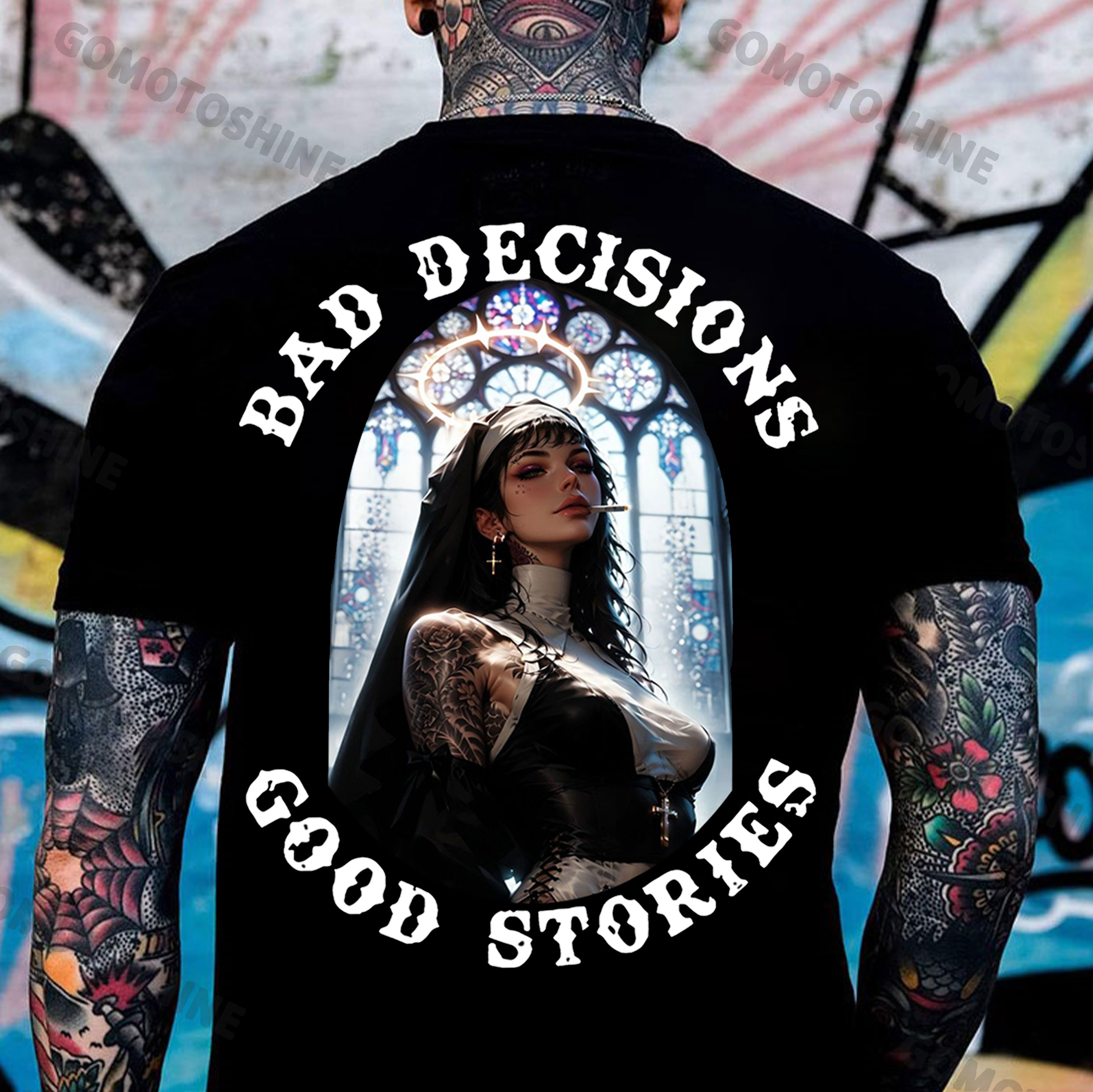 BAD DECISIONS GOOD STORIES Sexy Nun Print Men's T-Shirt