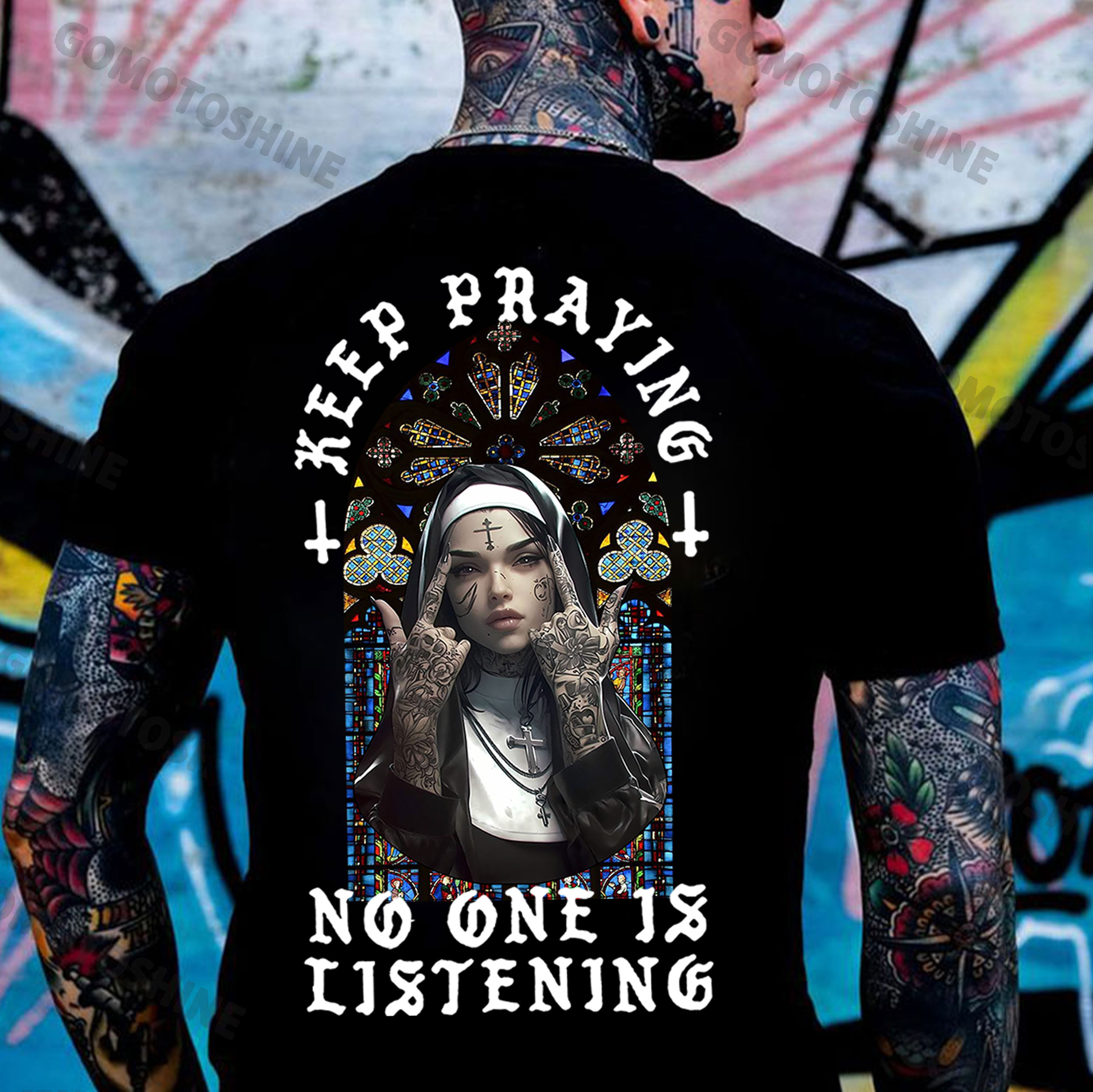KEEP PRAYING NO ONE LISTENING Defiant Nun Print Men's T-Shirt
