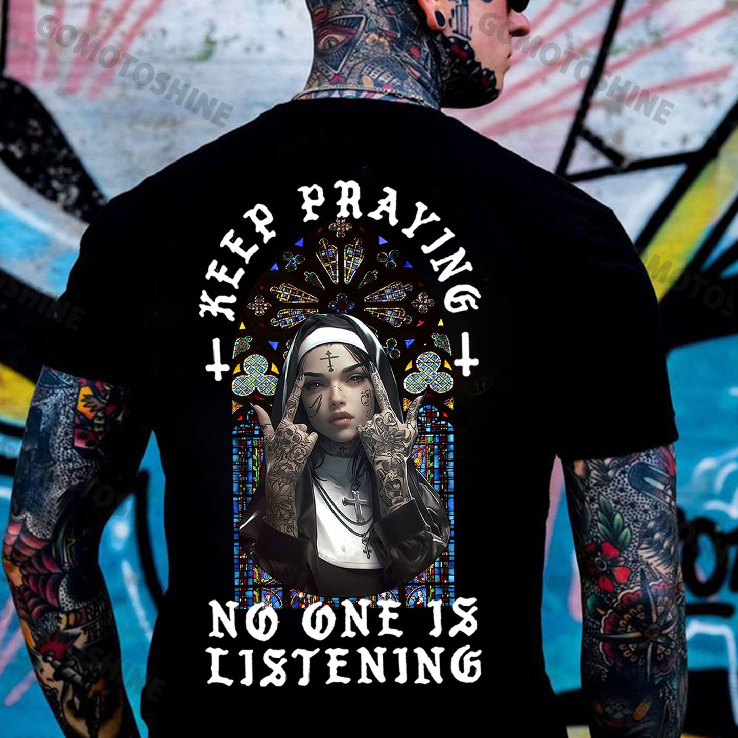KEEP PRAYING NO ONE LISTENING Defiant Nun Print Men's T-Shirt