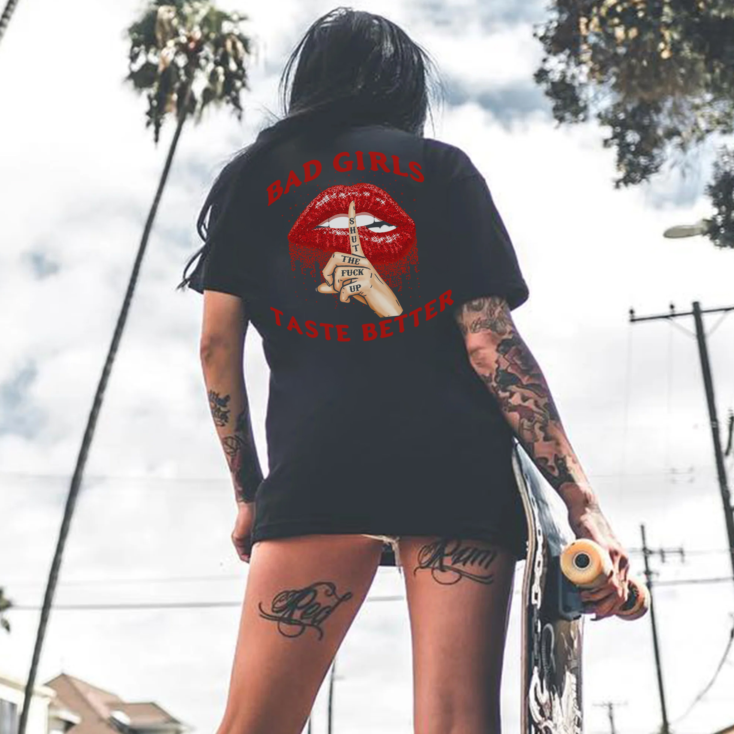 BAD GIRLS TASTE BETTER Shut The Fuck Up Red Lips Print Women's T-shirt