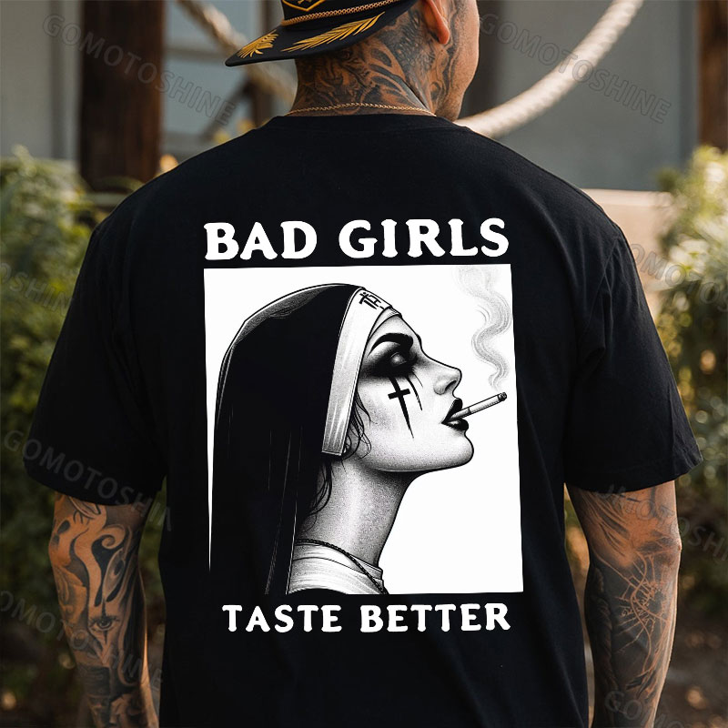 BAD GIRLS TASTE BETTER Smoking Nun Print Men's T-Shirt